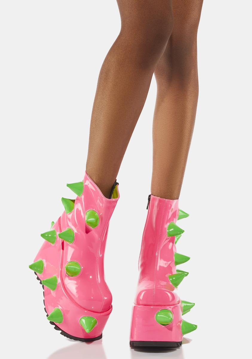 Demonia UV Reactive Neon Spiked Platform Boots Pink/Green
