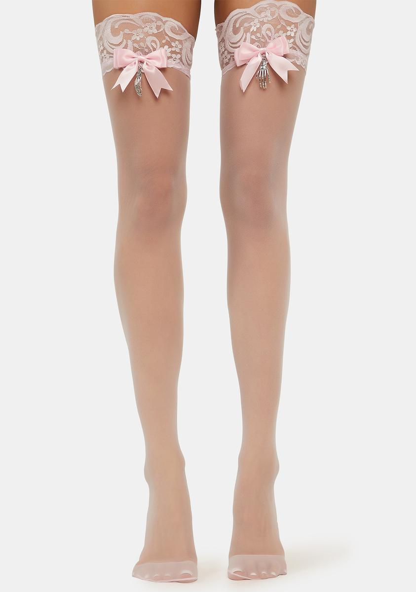 Sheer Tights With Skeleton Hand Charm - Pink
