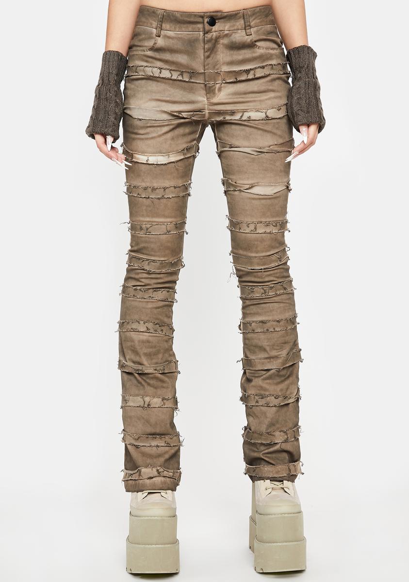 Darker Wavs Strappy Distressed Skinny Flare Pants - Washed Brown