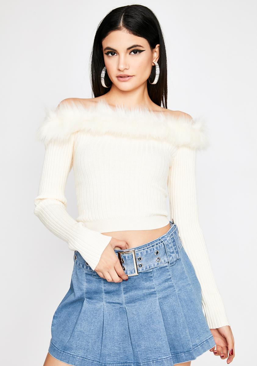 S off shoulder faux-fur tops white ② Adrienne Landau Cold Shoulder Sweater with Faux Fur Trim