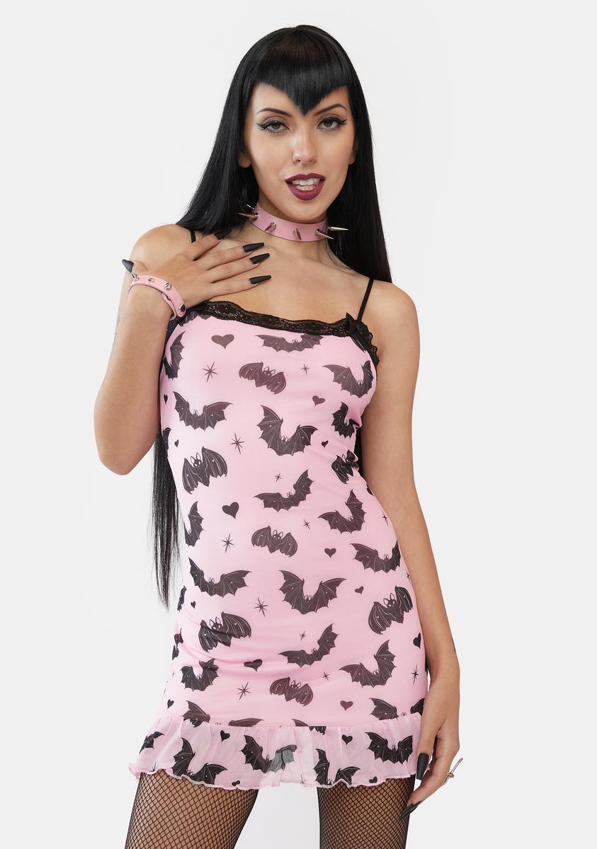 The Grave Girls Bat Print Mesh Dress - Pink/Black Dolls Kill The Grave Girls Bat Print Mesh Dress - Pink/Black Dolls Kill