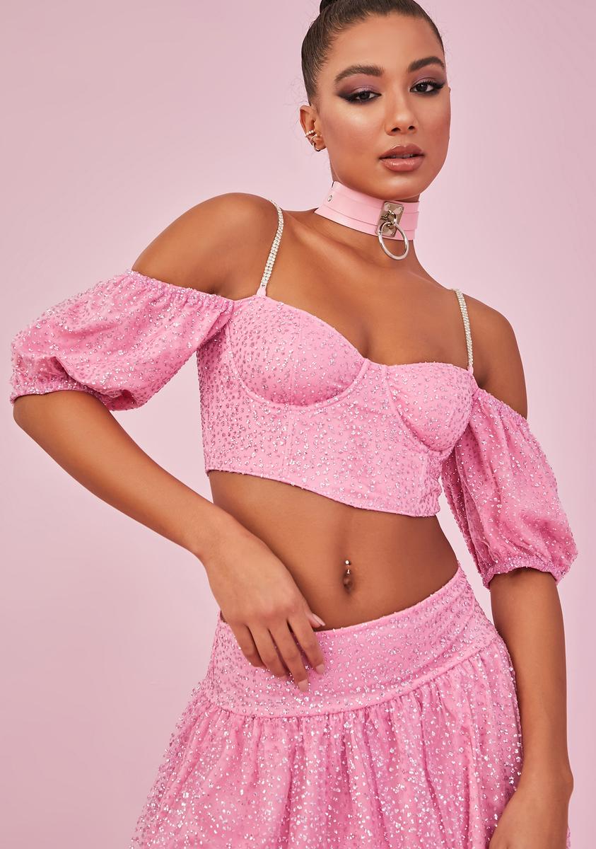 Sugar Thrillz Glitter Puff Sleeve Bustier Pink Dolls Kill