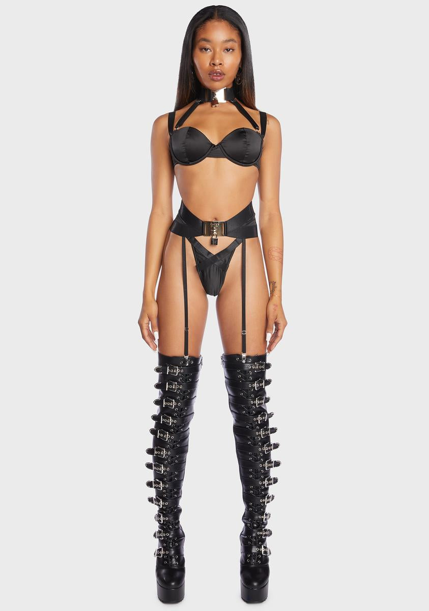 Forplay Satin Lock Garter Lingerie Set - Black  Dolls Kill