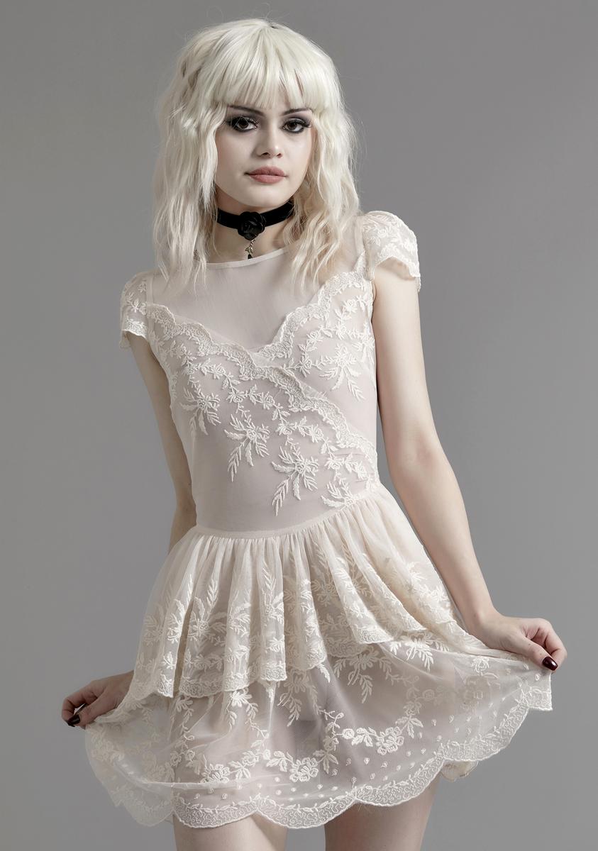 Widow Tea Stain Lace Tiered Mini Dress - Off White Nude Widow Tea Stain Lace Tiered Mini Dress - Off White Nude