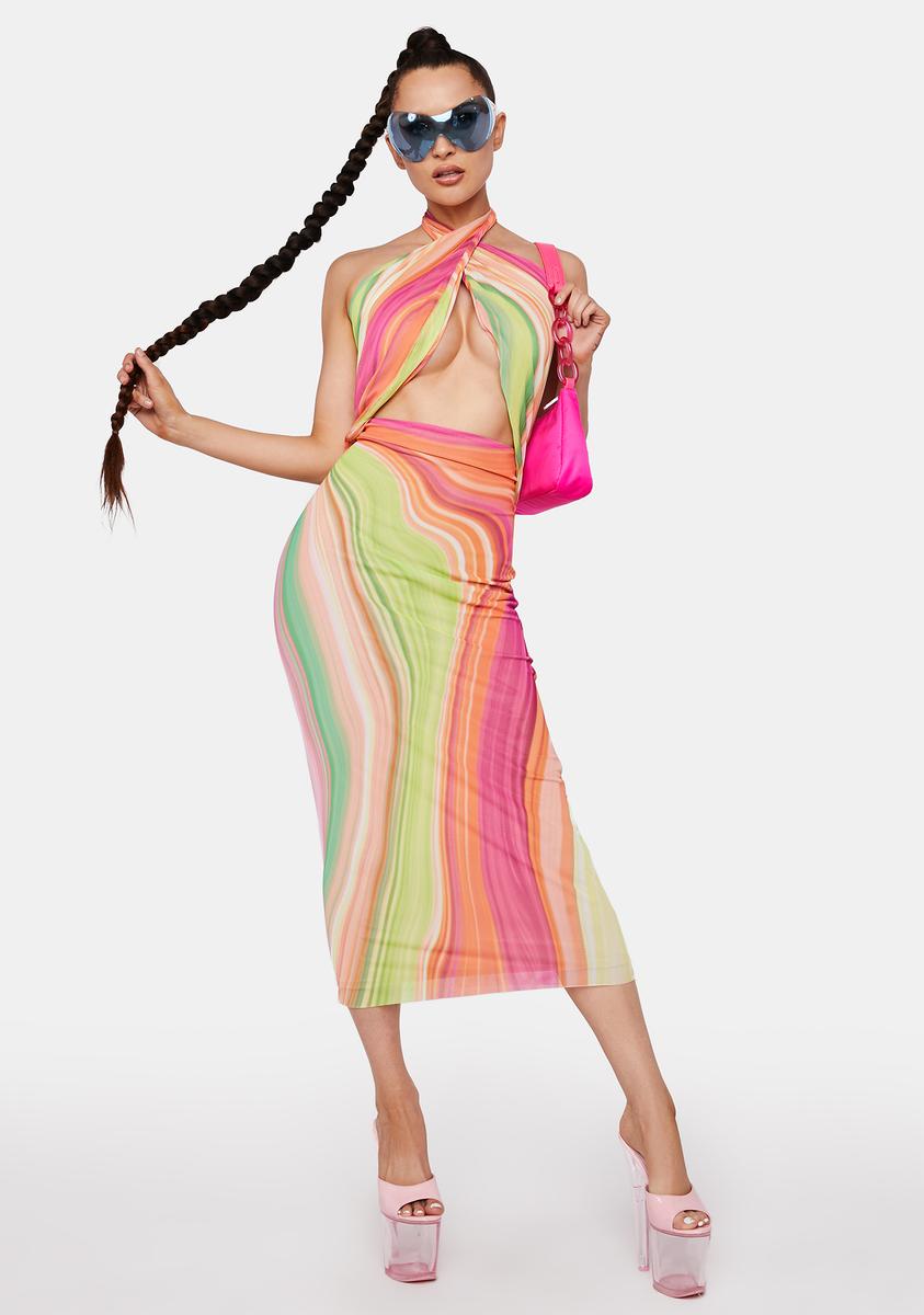 AFRM Wave Print Mesh Wrap Halter Midi Dress