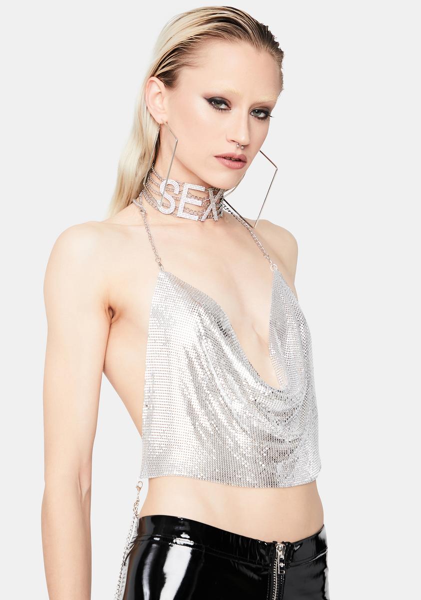 Chain Link Cowl Neck Glitter Halter Top - Silver Dolls Kill Chain Link Cowl Neck Glitter Halter Top - Silver Dolls Kill