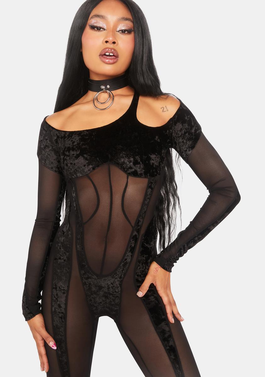 Kiki Riki Mesh Velvet Panel Off Shoulder Catsuit - Black – Dolls Kill