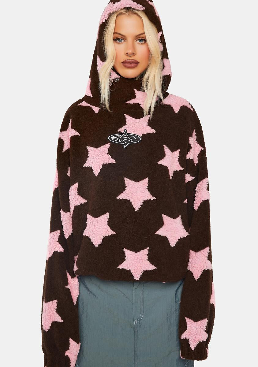 Basic Pleasure Mode Star Print Fleece Pullover Hoodie Brown Pink