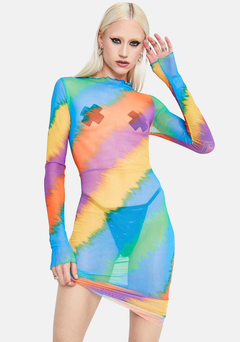 Long Sleeve Mesh Swirl Midi Dress - Rainbow Dolls Kill Long Sleeve Mesh Swirl Midi Dress - Rainbow Dolls Kill
