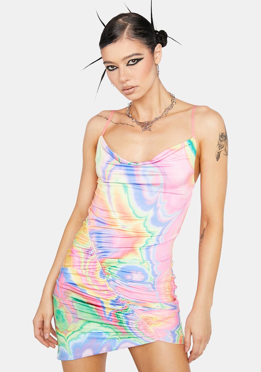 Afrm Marble Print Slinky Knit Ruched Mini Dress