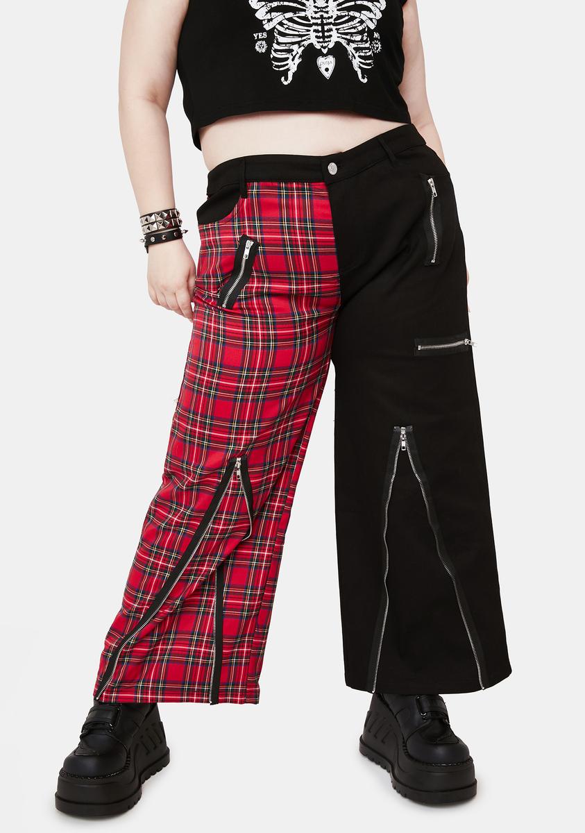 Plus Size Lost Queen Two Tone Plaid Wide Leg Pants Red/Black