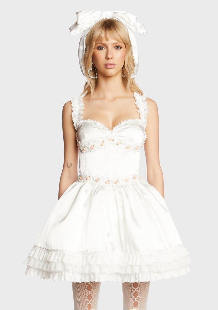 Sugar Thrillz Satin Corset Mini Dress With Rosette Lace Detail - White