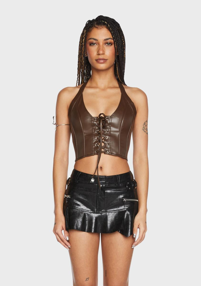 Brown Leather Halter Top Leather Lace Up Top Halterneck Lace Up