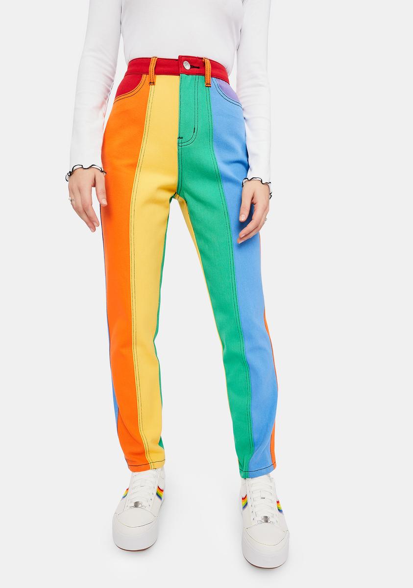 Delias High Waist Stripe Colorblock Twill Mom Jeans - Rainbow – Dolls Kill