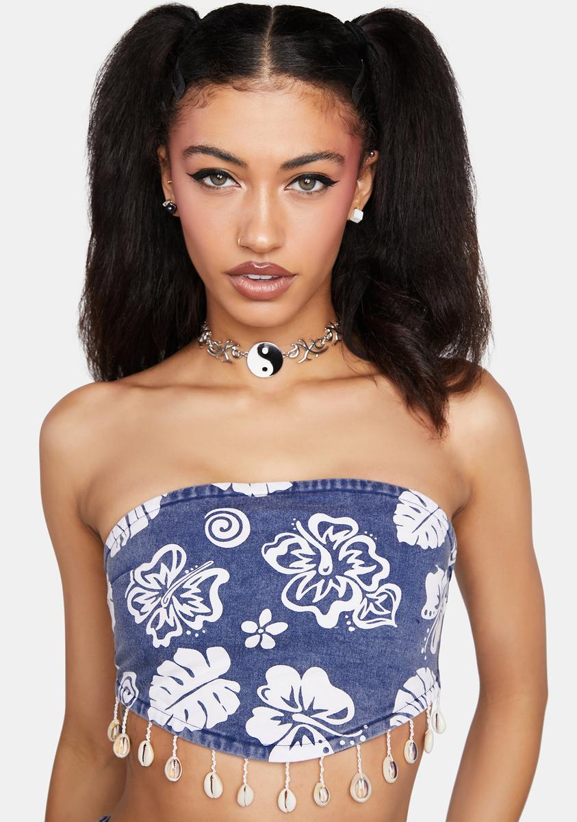 Cute Mistake Puka Shell Fringe Floral Print Bandeau Top Blue Dolls Kill