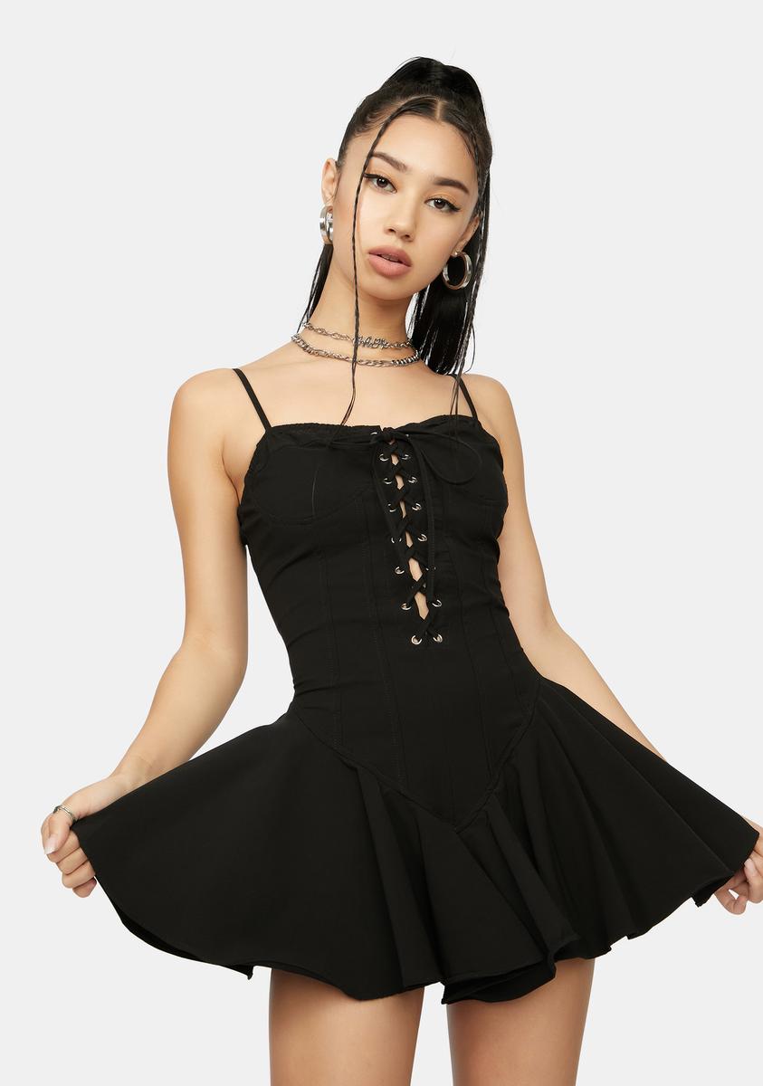 Lace Up Fit Flare Ruffle Mini Dress - Black