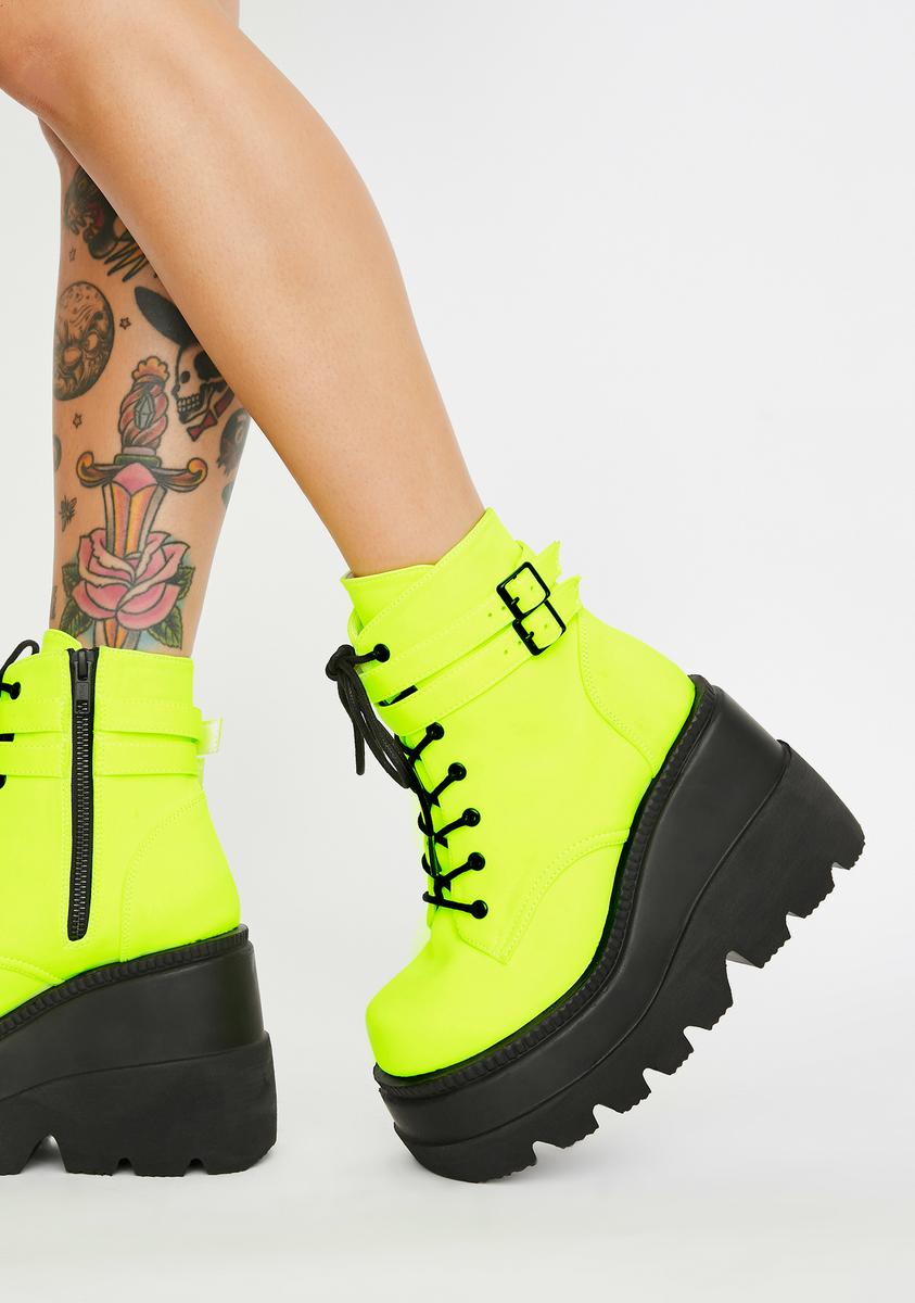 Demonia UV Reactive Neon Yellow Technopagan Wedge Platform Boots