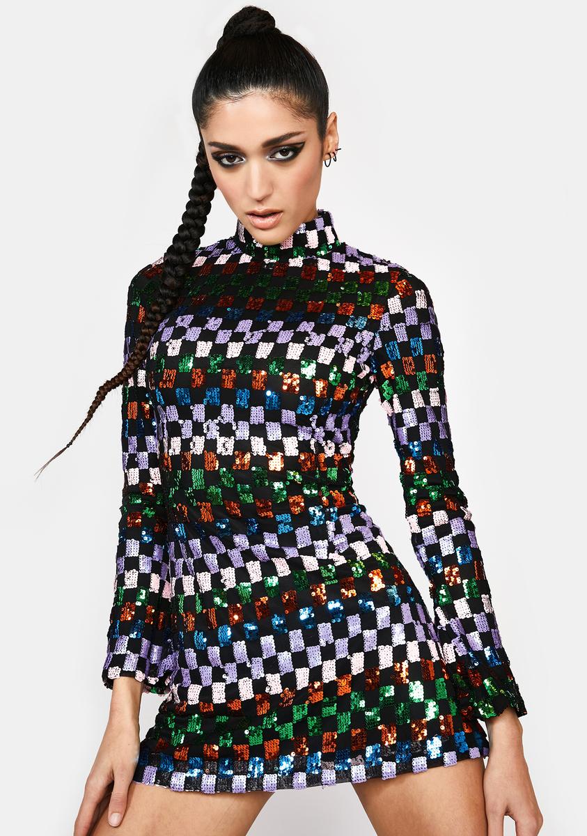 rare london mini dress Rare London Sequin Checkered Mock Neck Long Sleeve Mini Dress