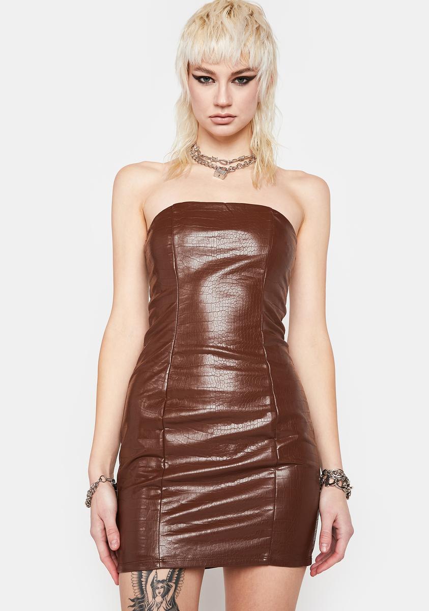 Strapless Vegan Leather Croc Texture Mini Dress - Brown Dolls Kill Strapless Vegan Leather Croc Texture Mini Dress - Brown Dolls Kill