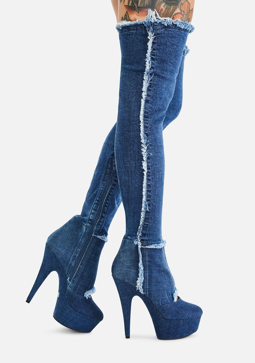 Pleaser Come Get It Denim Thigh High Boots Dolls Kill Pleaser Come Get It Denim Thigh High Boots Dolls Kill