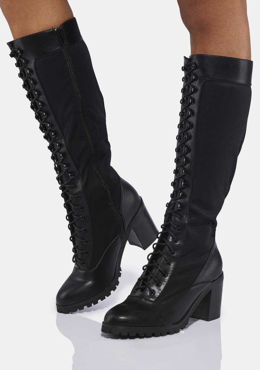 Chelsea Crew Elastic Vegan Leather Lace Up Knee High Boots – Dolls Kill