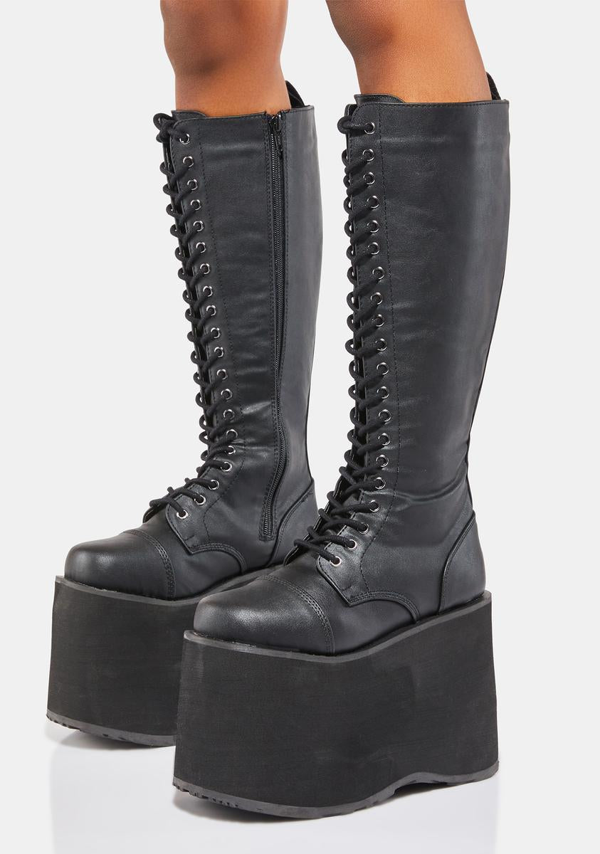 Demonia Knee High Lace Up Tall Platform Boots - Black