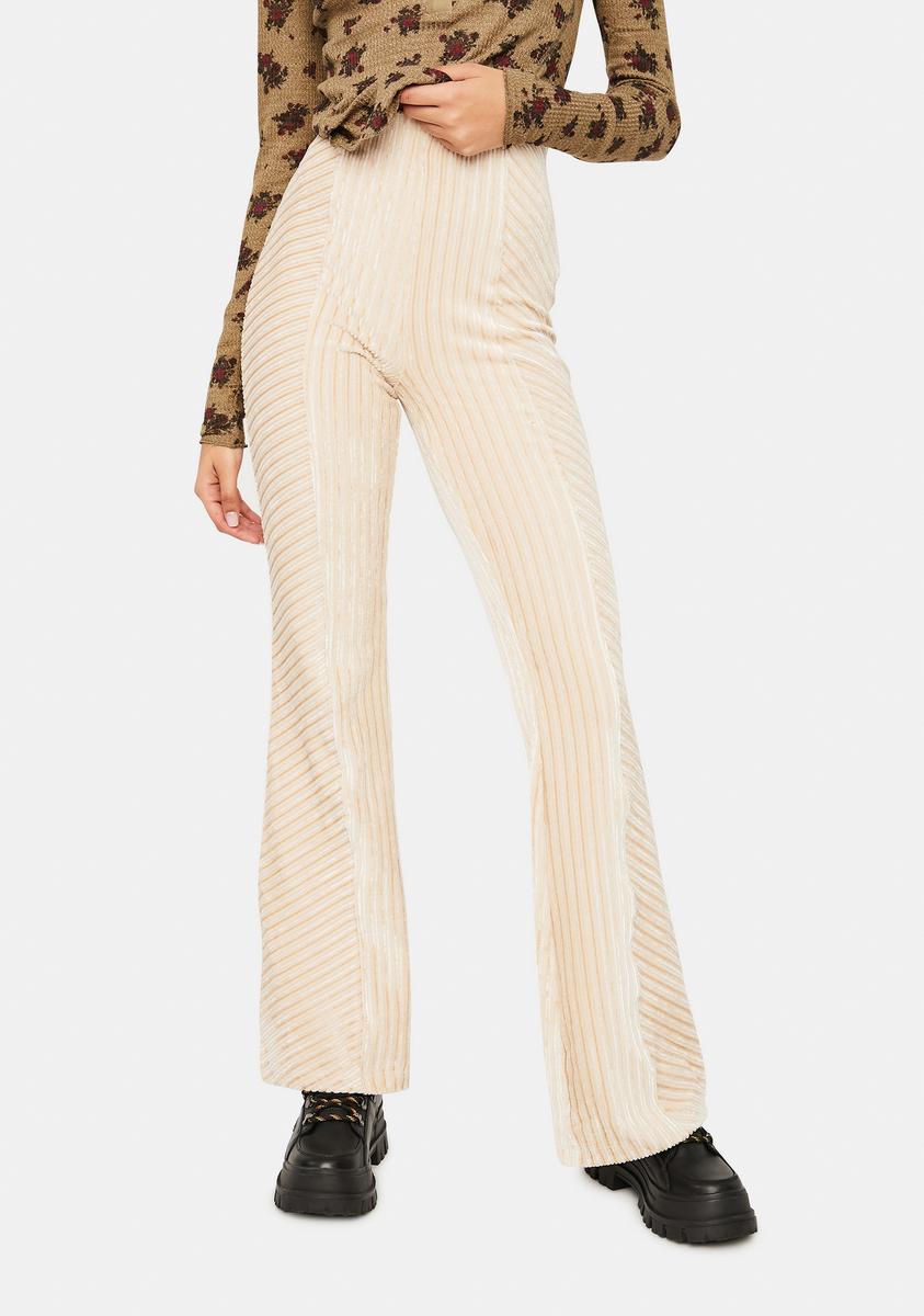 Free People Champagne Stripe Slim Pull On Velvet Flare Pants