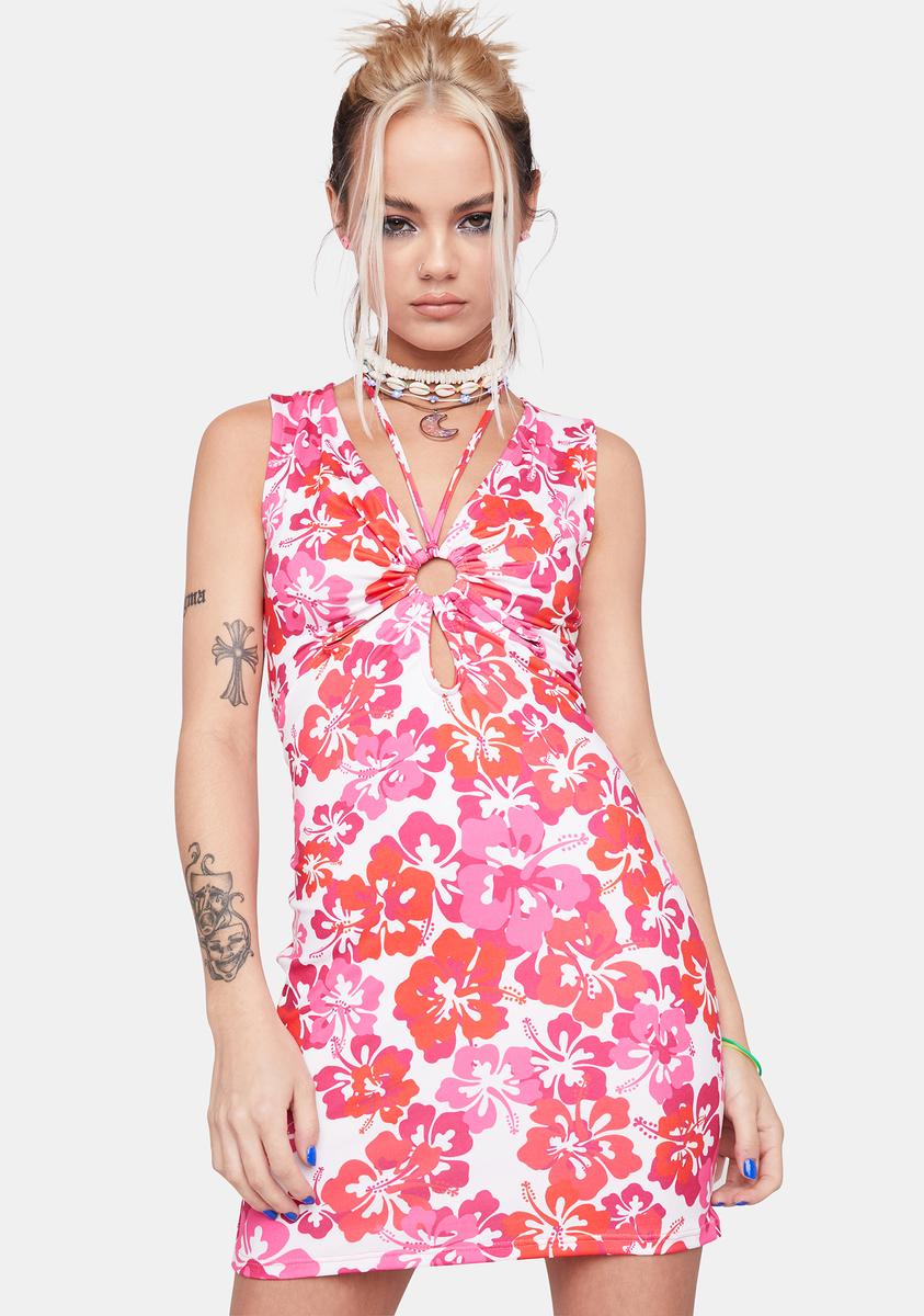 Beach Vacation Hibiscus Floral Print Cut Out Mini Dress