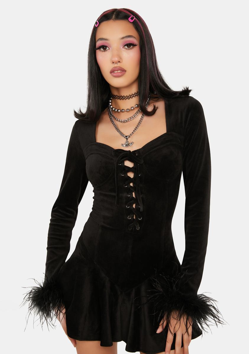 Velour Fluffy Feather Trim Micro Mini Dress