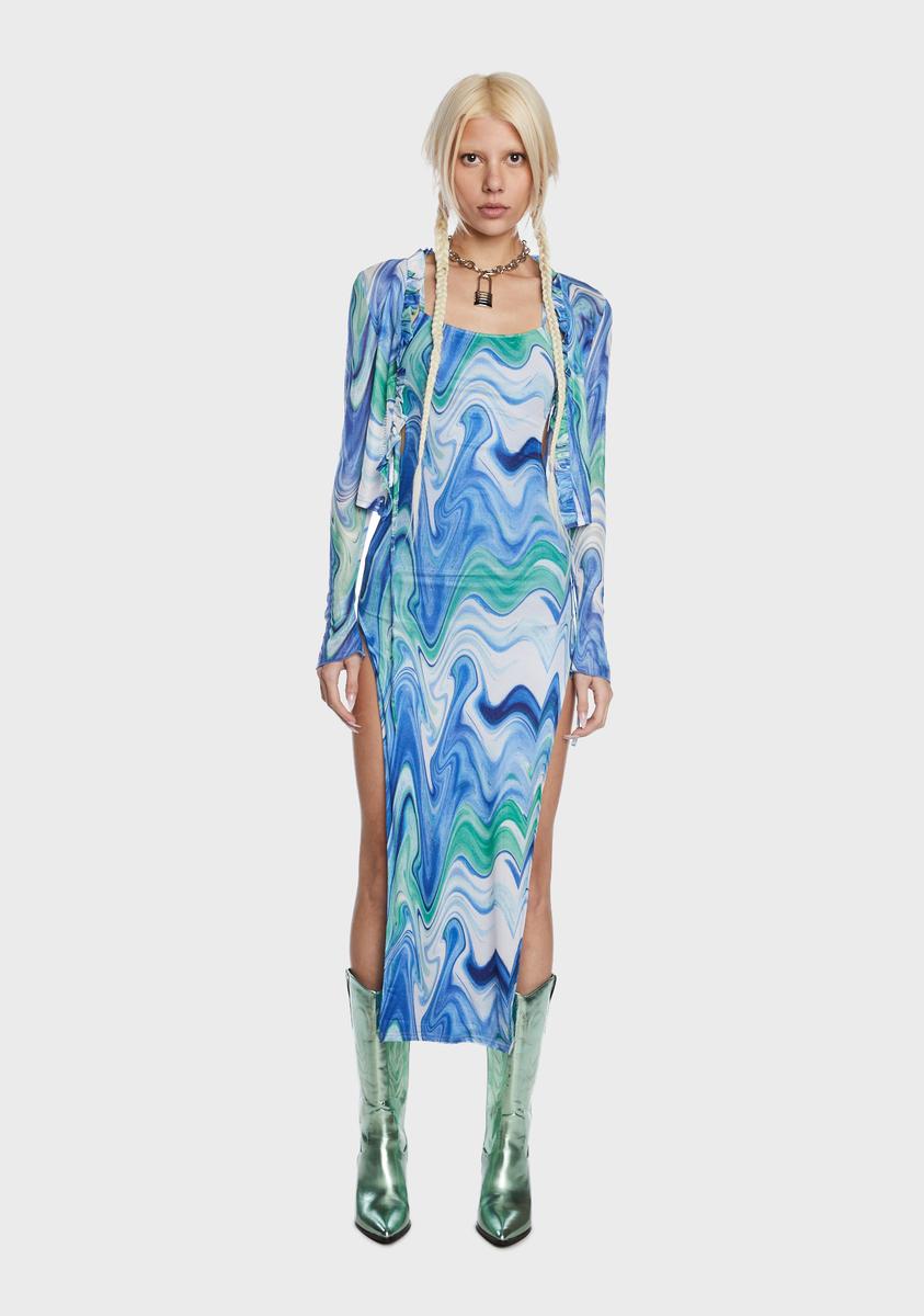 what to wear with lime green dress Marble Print Maxi Dress With Ruffled Cardigan