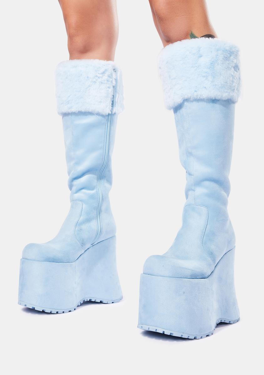 Club Exx Faux Suede Knee High Platform Boots - Powder Blue