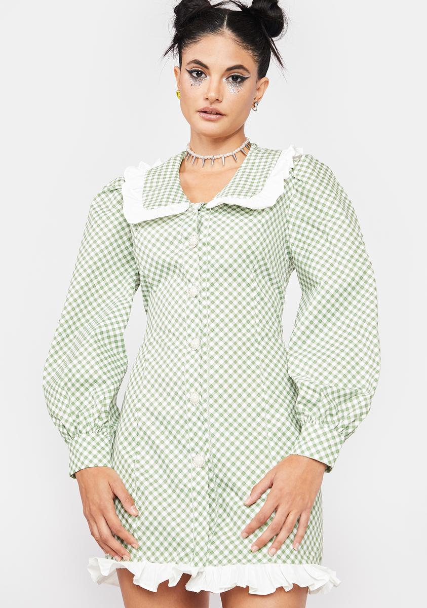 Long Puff Sleeve Gingham Ruffle Shirt Dress - Green Dolls Kill Long Puff Sleeve Gingham Ruffle Shirt Dress - Green Dolls Kill