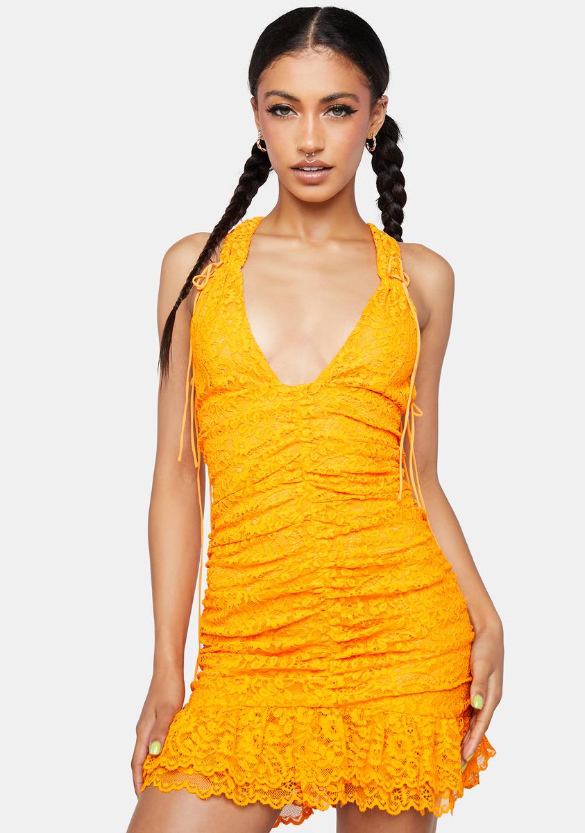 For Love & Lemons Ruffle Ruched Lace Mini Dress - Orange Dolls Kill For Love & Lemons Ruffle Ruched Lace Mini Dress - Orange Dolls Kill