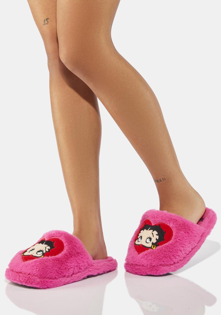 Dolls Kill X Betty Boop Embroidered Heart Fuzzy Slippers Pink