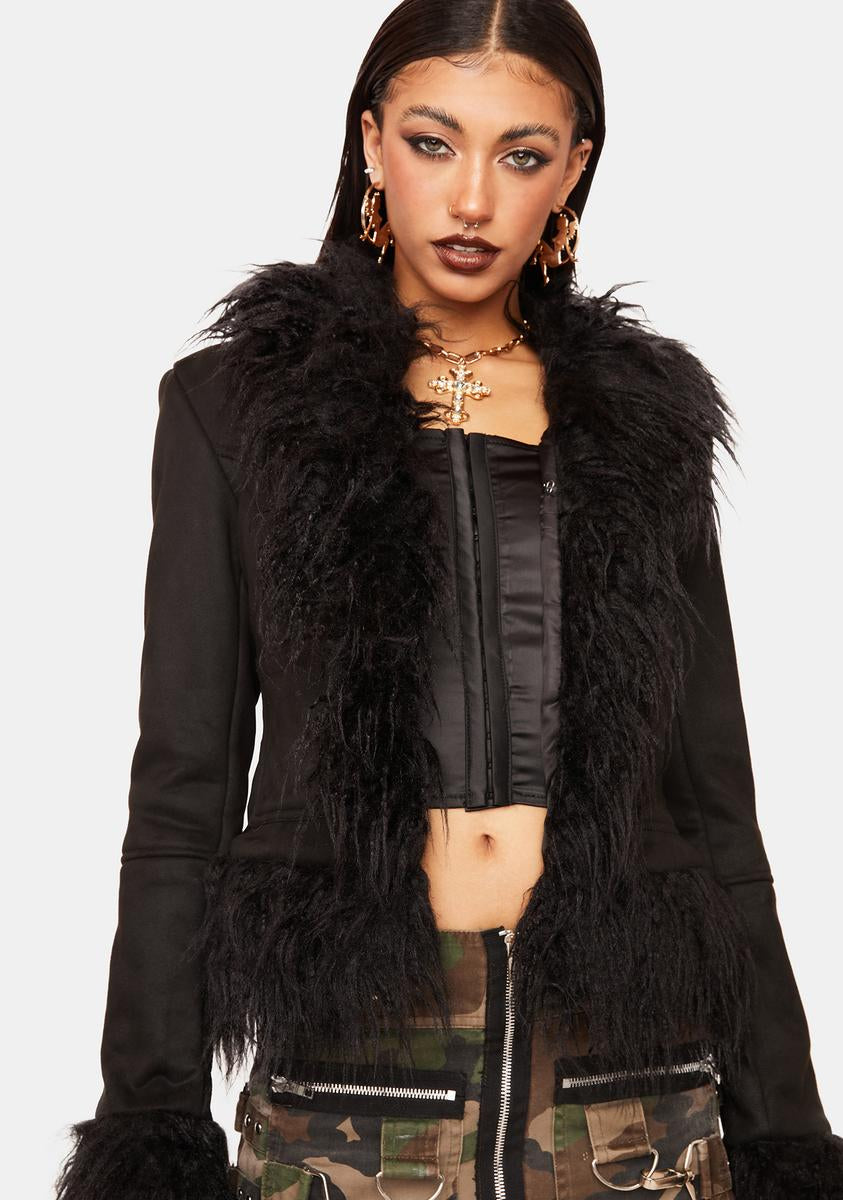 Edikted Faux Fur Trim Suede Coat Black – Dolls Kill
