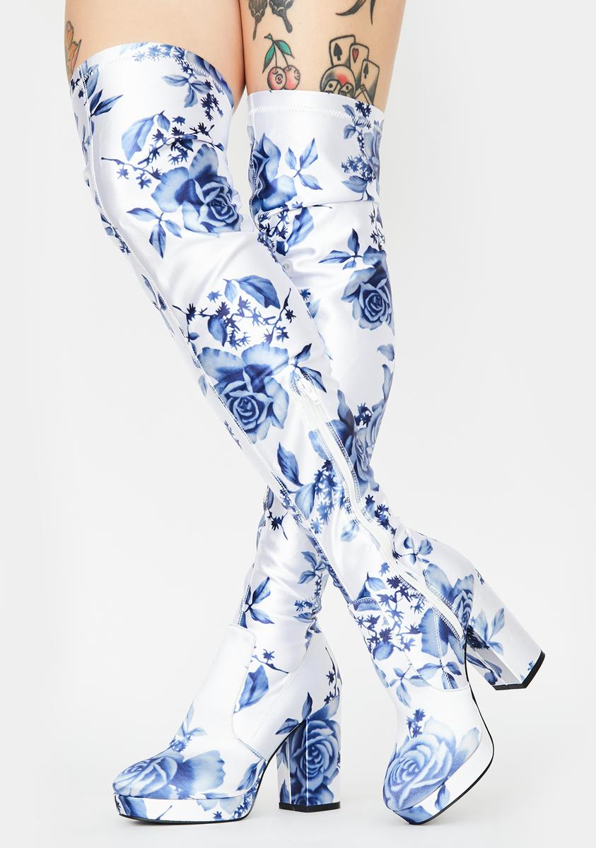 Current Mood Porcelain Rose Thigh High Boots - White Blue