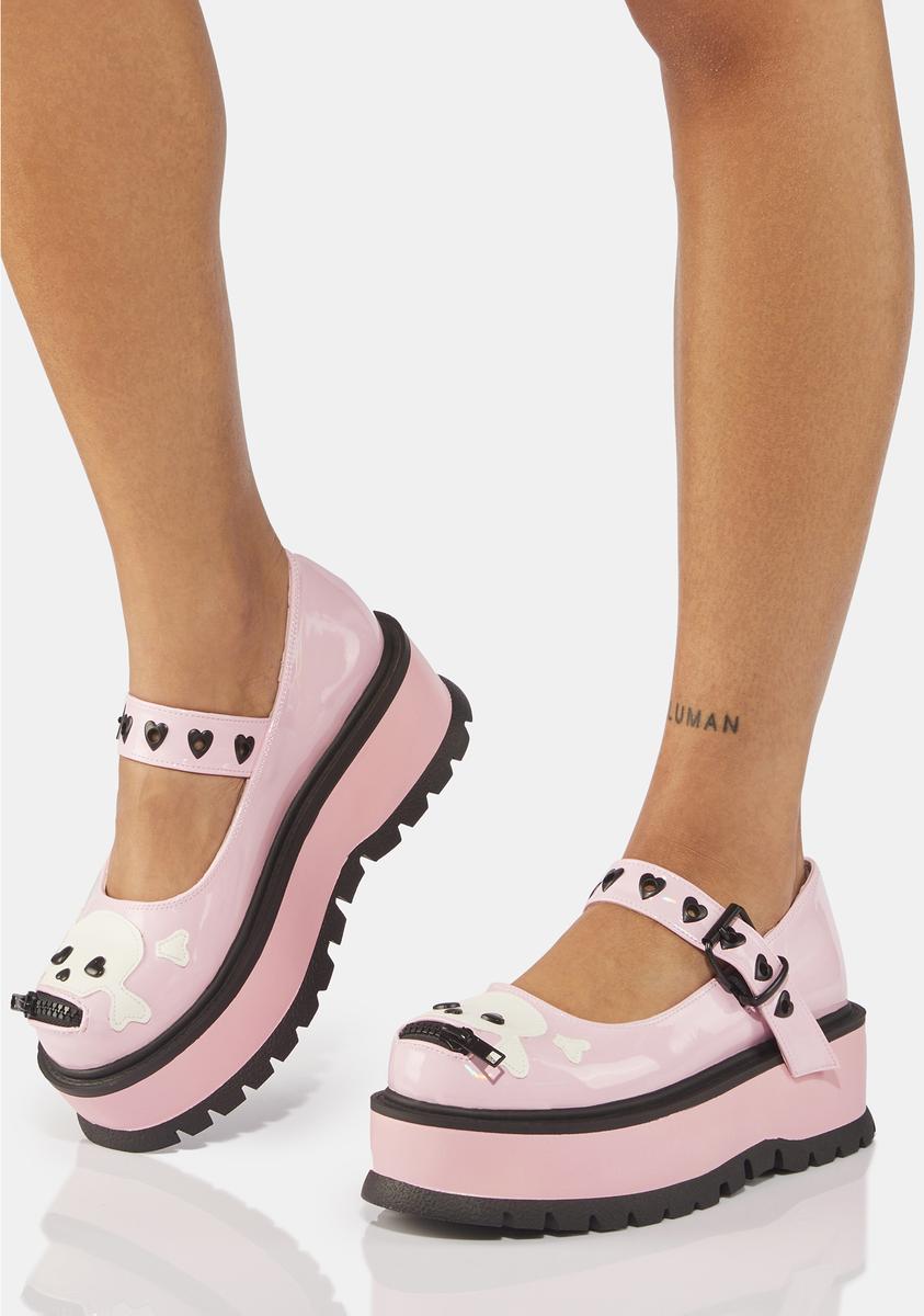 Demonia Slacker-27 Platform Mary Janes Baby Pink Holographic