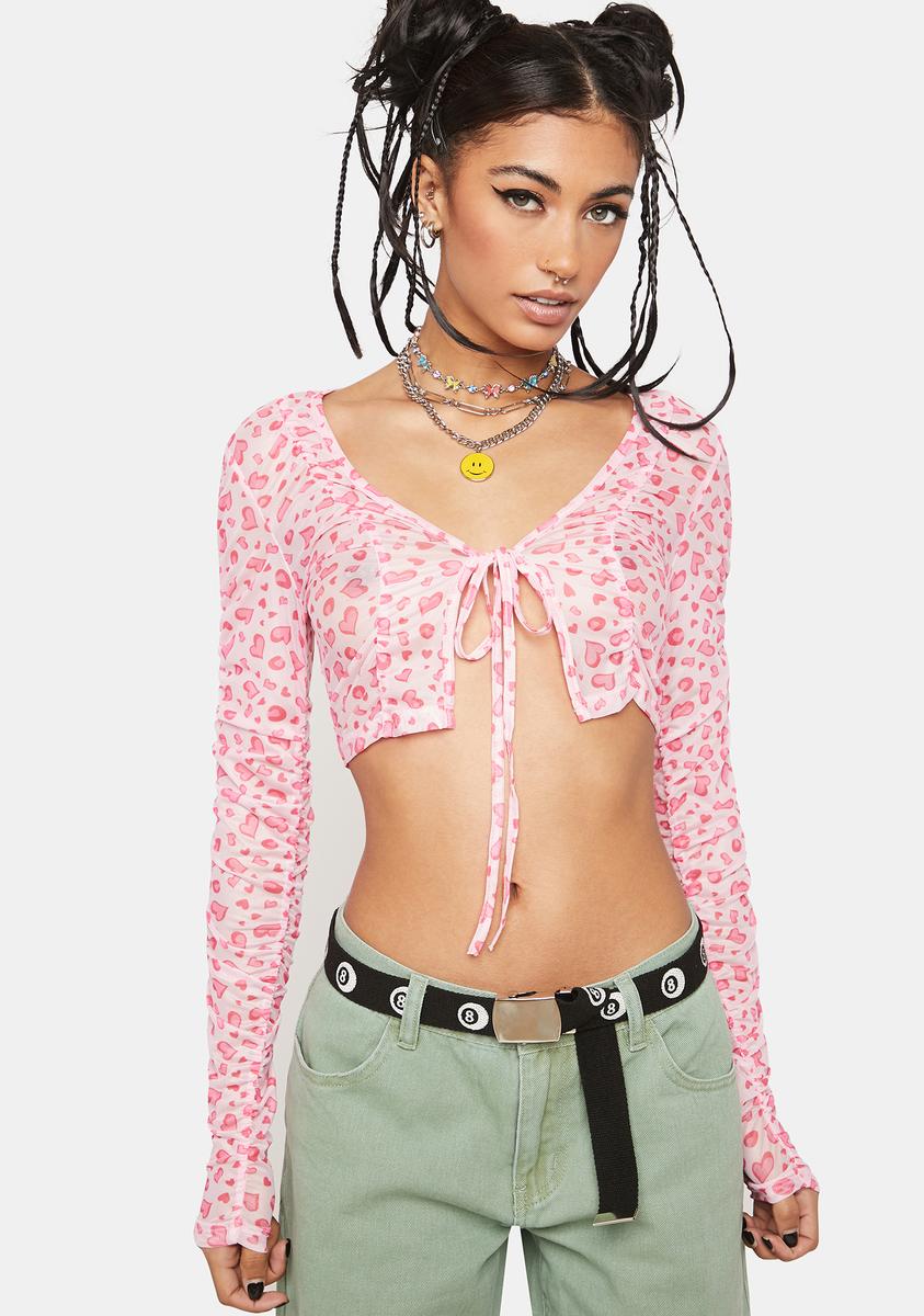 Heart Print Mesh Tie Up Crop Top - Pink