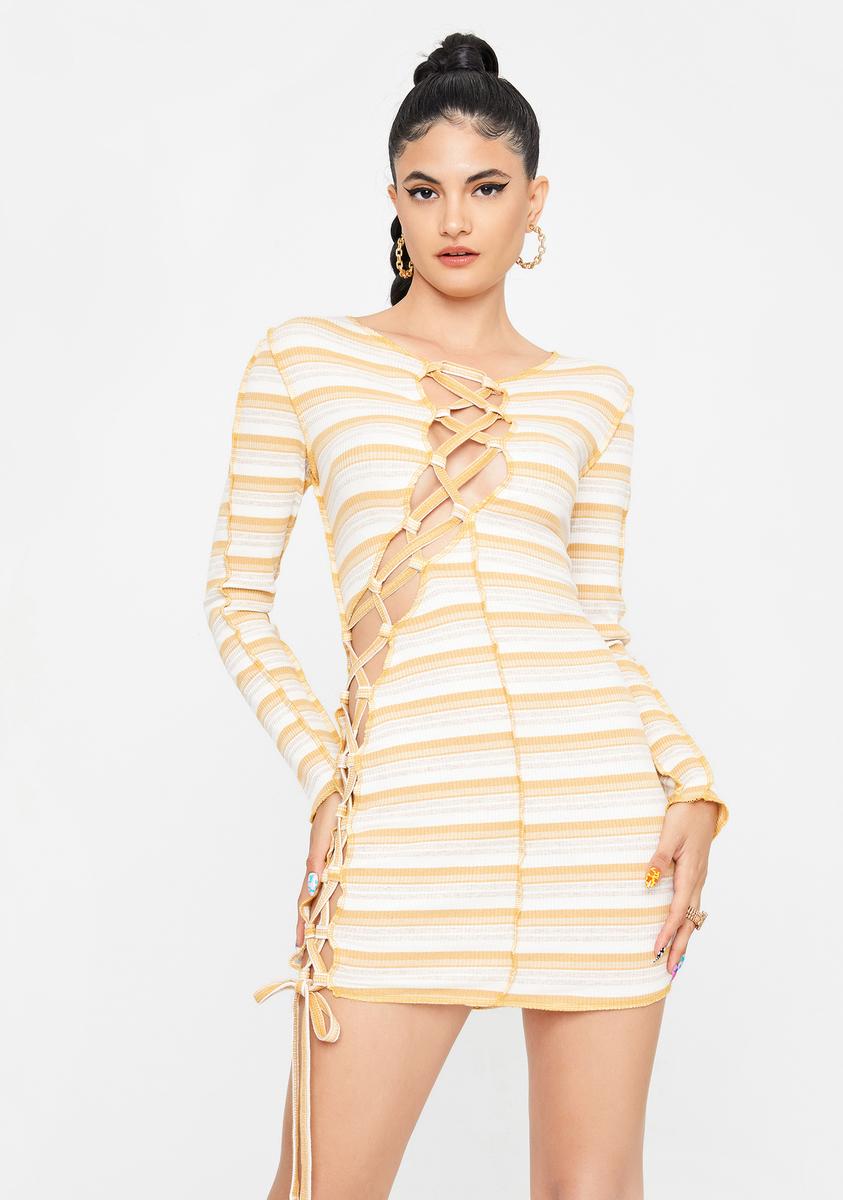 Striped Lace Up Bodycon Mini Dress - Yellow