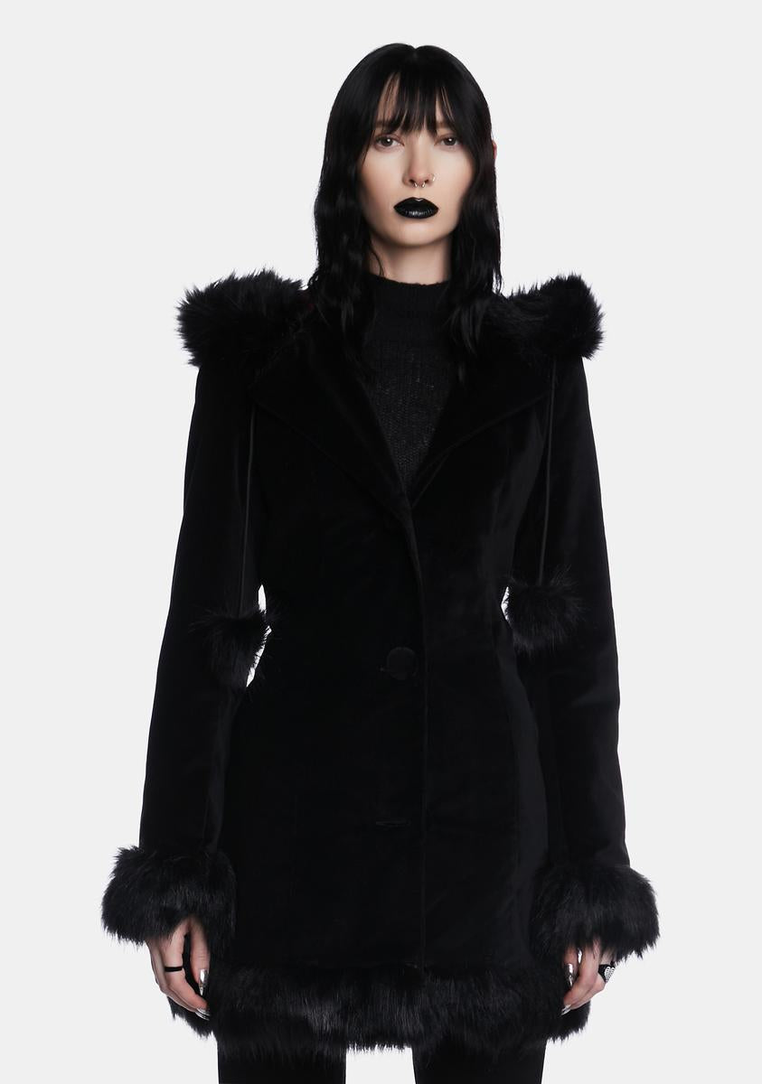 The Grave Girls Faux Suede Faux Fur Hooded Coat - Black