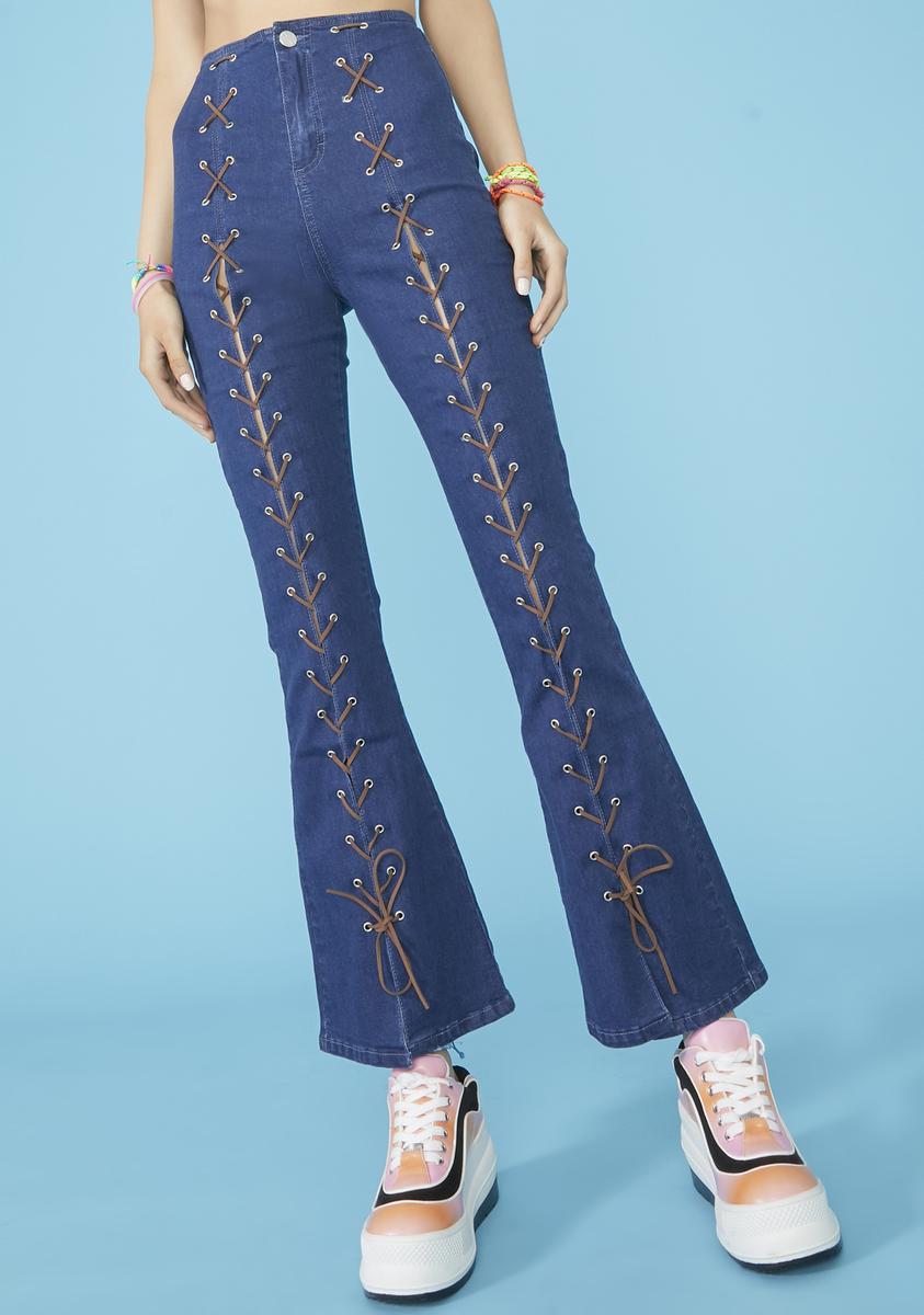 Delia s Denim Lace Up High Waisted Flares Medium Wash Dolls Kill