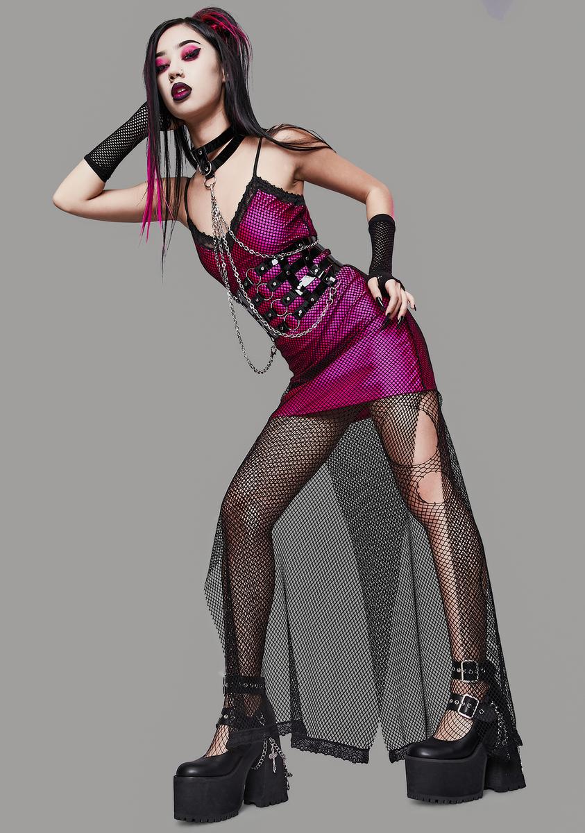 Widow Fishnet Overlay Maxi Dress - Hot Pink/Black Dolls Kill Widow Fishnet Overlay Maxi Dress - Hot Pink/Black Dolls Kill
