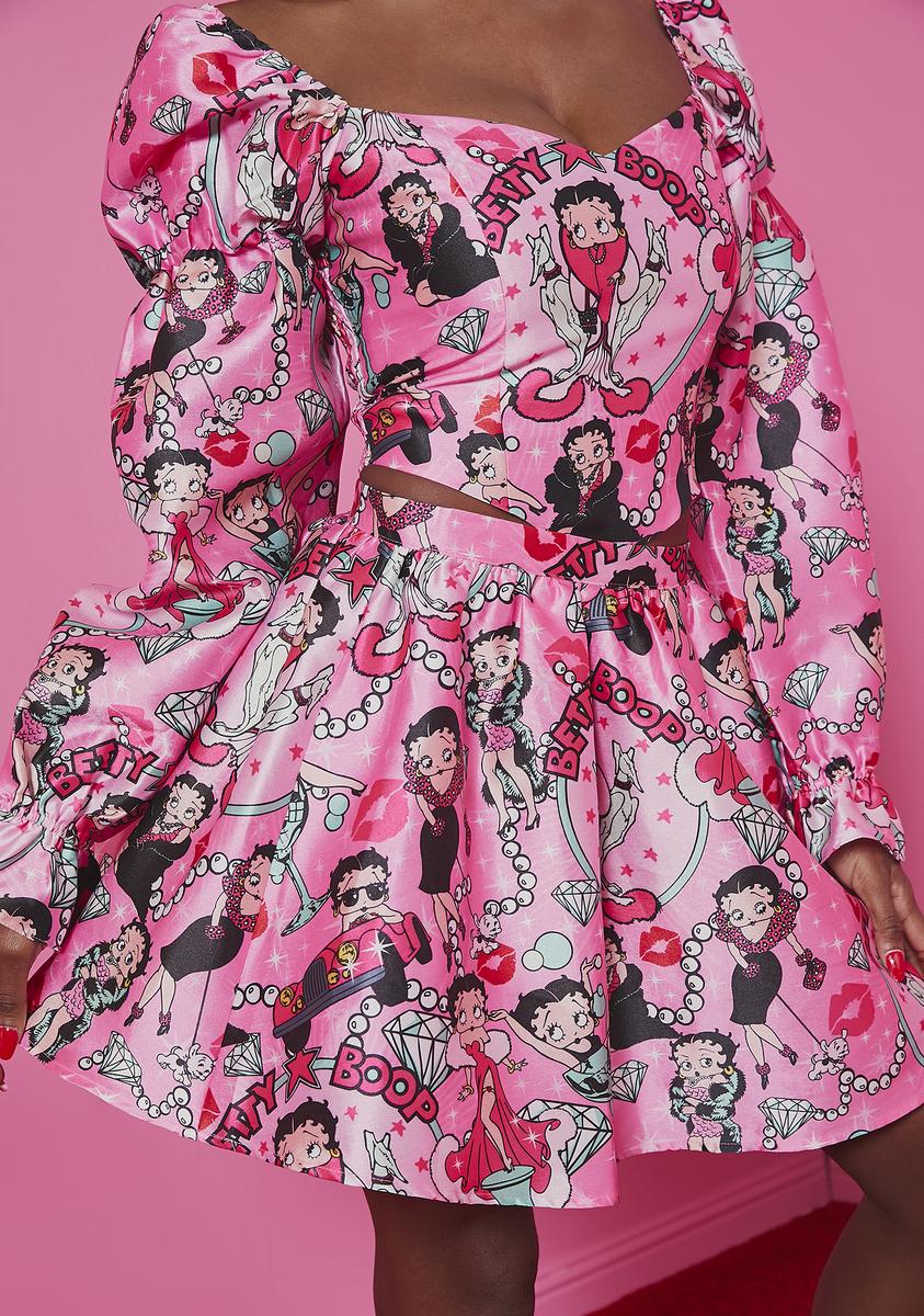 Betty Boop Satin High Waist Graphic Skater Skirt Pink – Dolls Kill