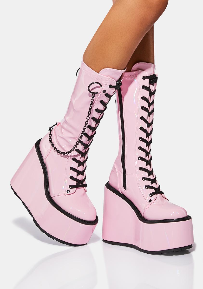 Demonia Swing-150 Calf High Chain Platform Boots Pink