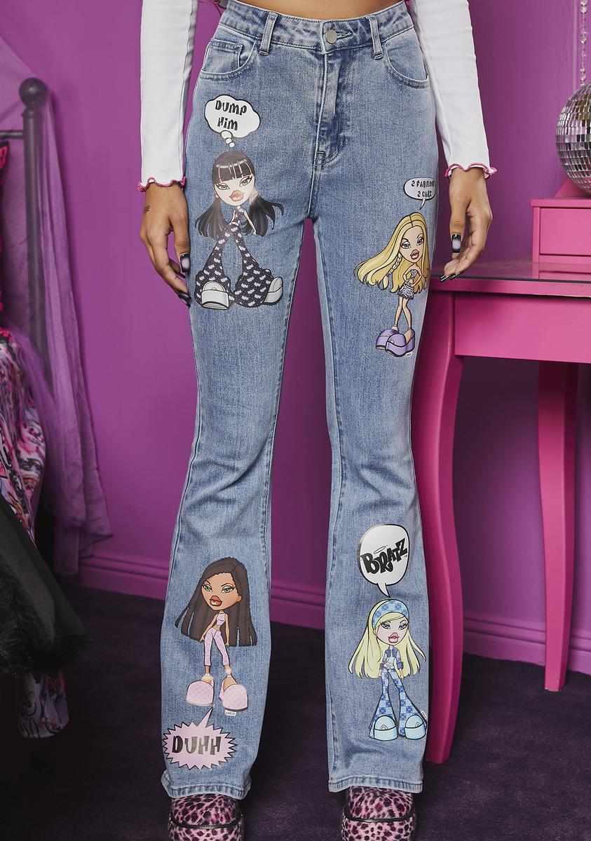 Dolls Kill x Bratz Flared Denim Graphic Jeans Light Wash Blue
