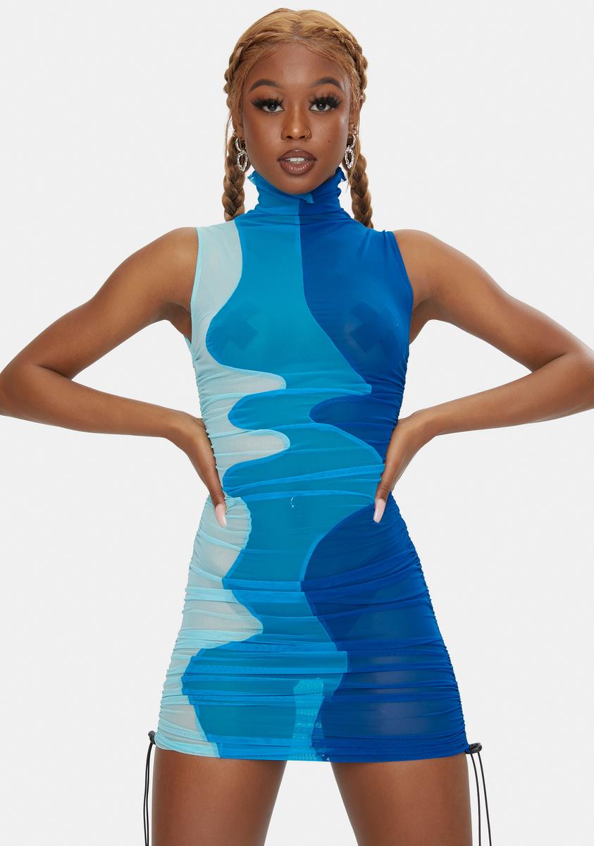 blue and black mesh dress Crystal Mesh Black Dress with Royal Blue Top L main image 1