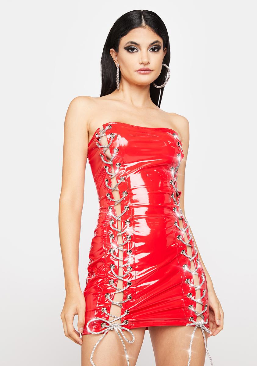 Rhinestone Lace Up Vinyl Bodycon Dress - Red Rhinestone Lace Up Vinyl Bodycon Dress - Red