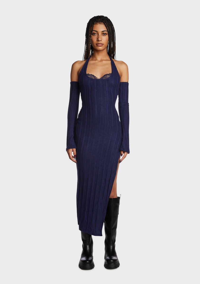 Sheer Knit Halter Sweater Maxi Dress - Blue Dolls Kill Sheer Knit Halter Sweater Maxi Dress - Blue Dolls Kill
