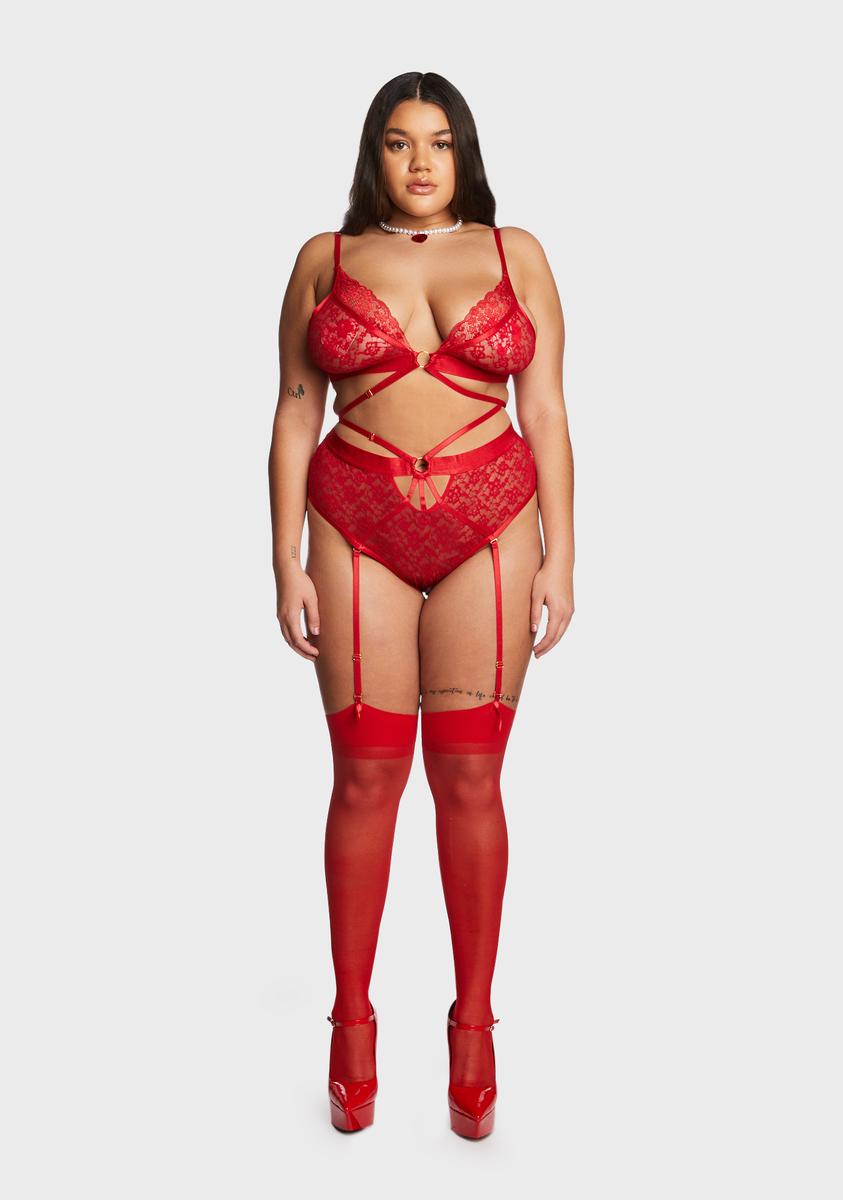 Plus Size Sheer Lace Bra Panties And Garter Lingerie Set - Red Dolls Kill Plus Size Sheer Lace Bra Panties And Garter Lingerie Set - Red Dolls Kill