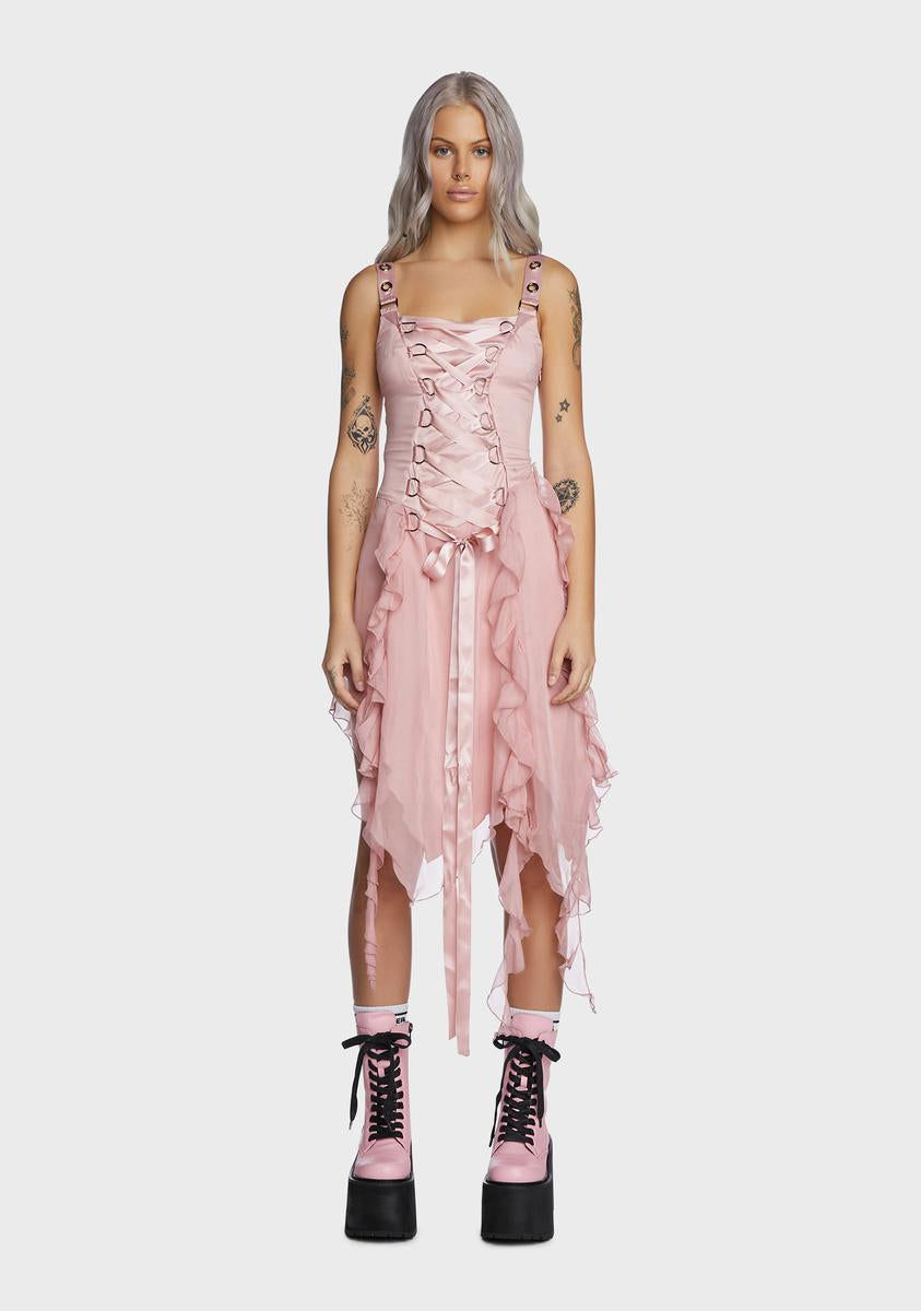 Current Mood Lace Up Ruffle Asymmetric Midi Dress - Pink Dolls Kill Current Mood Lace Up Ruffle Asymmetric Midi Dress - Pink Dolls Kill